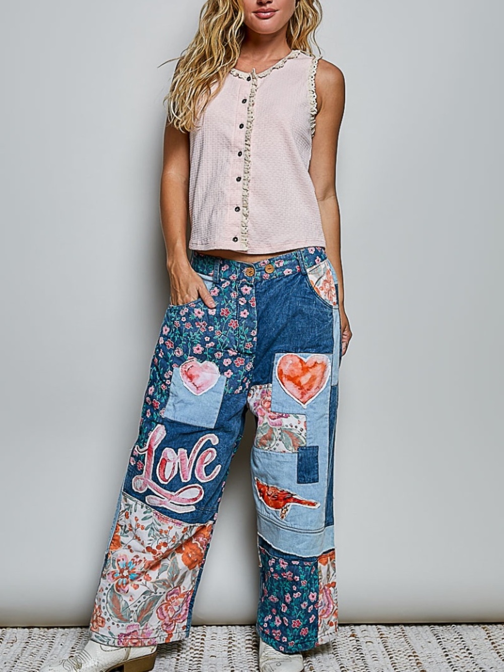 POL Denim Stretchy Waist Heart Birds Love Graphic Patchwork Wide leg Pants - Picture 2 of 9
